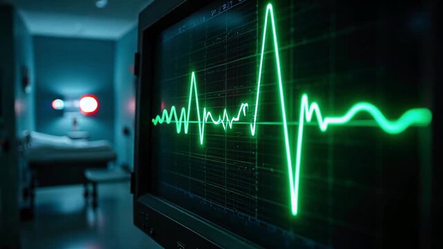 Real Time ECG Monitor Display Showing Heartbeat Waveform on Arrival. Medical EKG Screen Graphic.