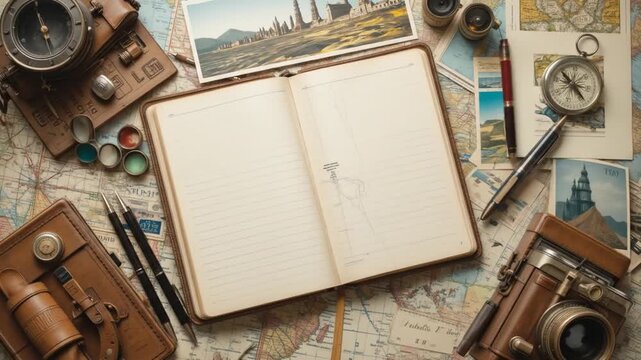 Vintage travel themed flat lay with map, camera, compass and open notebook - Powered by Adobe
