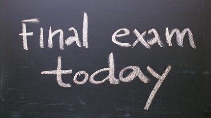 Chalkboard displaying the phrase final exam today in white chalk, emphasizing the importance of academic assessments and student preparation in a classroom environment