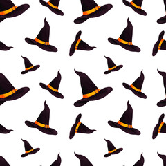 A seamless pattern of witch hats arranged in a playful repeating style, done in a watercolor style. Perfect for Halloween decorations, fabrics and themed designs.