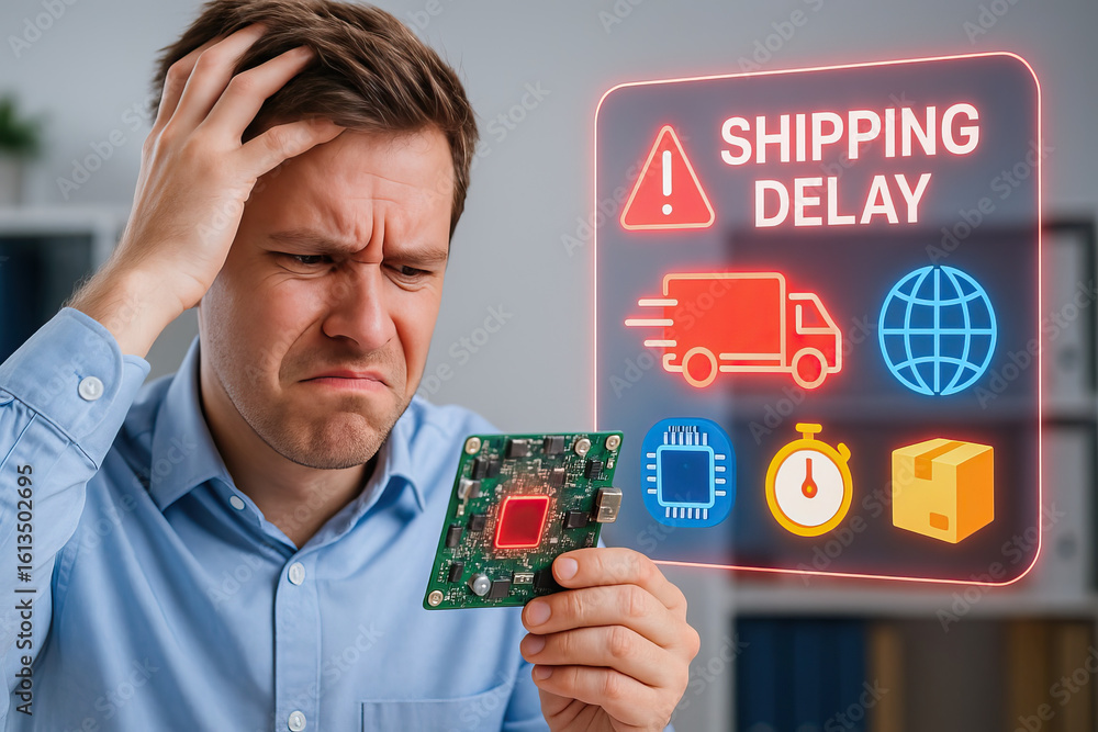 Poster man holding semiconductor chip with worried expression due to chip shortage and shipping delay affec