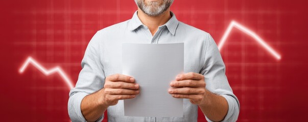 economic downturn layoffs policy concept. Man holding a document with a red graph background.