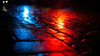 Glowing red and blue emergency lights reflecting on wet pavement in dramatic night scene.