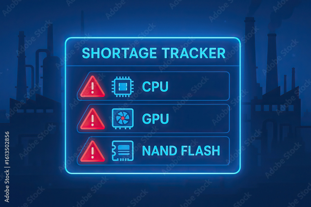 Poster semiconductor chip shortage tracker highlights critical cpu gpu and memory flash shortages impacting
