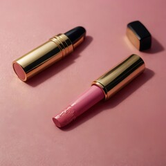 Two lipsticks one open and one closed with gold tubes on a pink surface in a close up studio shot