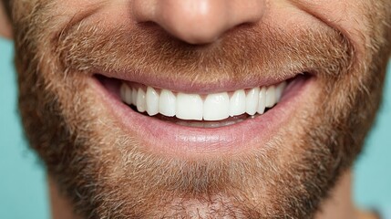 Fototapeta premium Close-up of a smiling man's face, showcasing perfect white teeth and a beard against a blue-green background