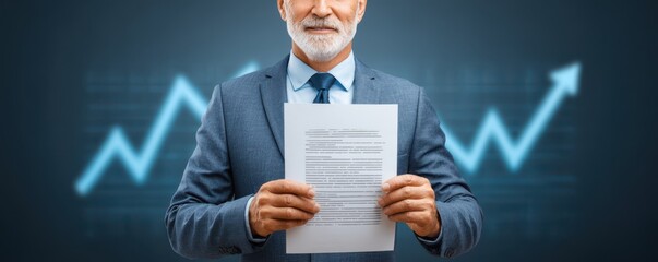 economic downturn layoffs policy concept. Businessman holding document with upward trend background.