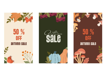 Trendy Vertical banner for autumn sale. Vector illustration for sesonal discount in stories, promotional/