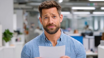 economic downturn layoffs policy concept. A man with a beard holds a document in an office setting.