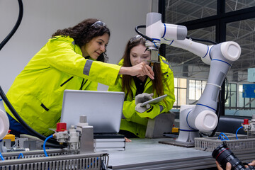 Engineers collaborating with a robotic arm in a modern manufacturing facility to enhance automation processes and technology integration