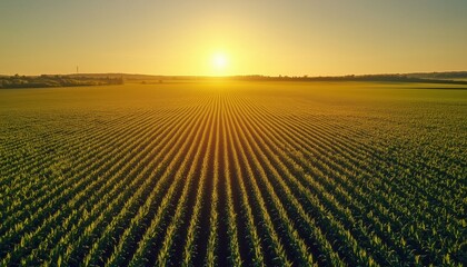 Aerial Panoramic View Of A Corn Field Agriculture Captured By A Drone In A Sunny Sky With Lush Greenery. Rural Farm Land In Summer Showing Plant Growth And Farming Scene. Outdoor Organic Landscape