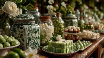decorative green and white themed setup with sweets and subtle text space