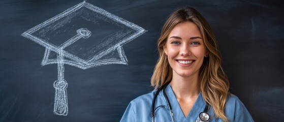The confident nurse smiling in front of a graduation-themed chalkboard.