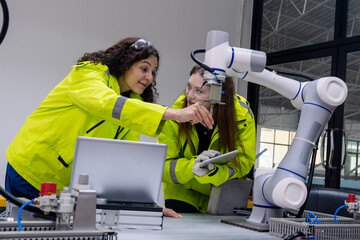 Engineers collaborate with a robotic arm in a modern industrial workspace during a training session