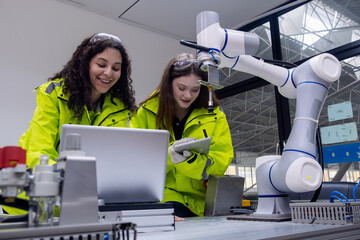 Women collaborating with a robotic arm in a modern technology lab during daytime