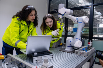Engineers collaborate on robotics project in modern lab during daytime with focus on technology and innovation