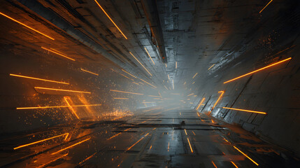 glowing neon tunnel with streaks of blue and purple light filled with floating holographic symbols digital code motion blur and deep sci-fi atmosphere