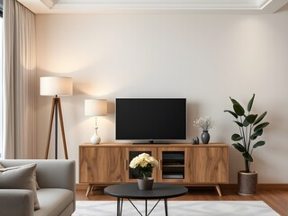 Modern Living Room Interior Mockup with TV Cabinet, Lamp, Table, Flowers, and Indoor Plants (AI Generated)