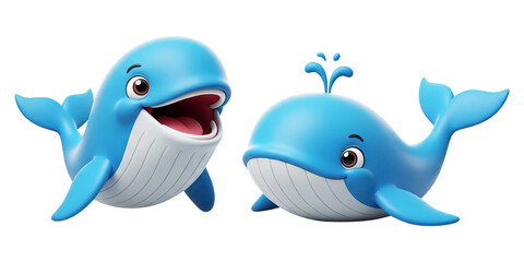 Obraz premium 3D cartoon pair of cute whales isolated on transparent background, PNG file add