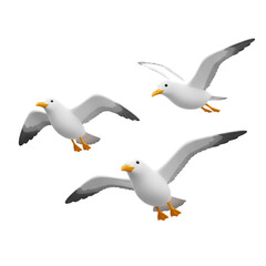 Obraz premium 3D cartoon flying seagulls isolated on transparent background, PNG file add