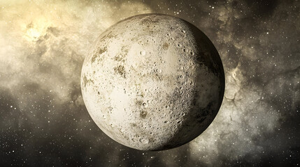 Gray moon in space, craters, and nebula