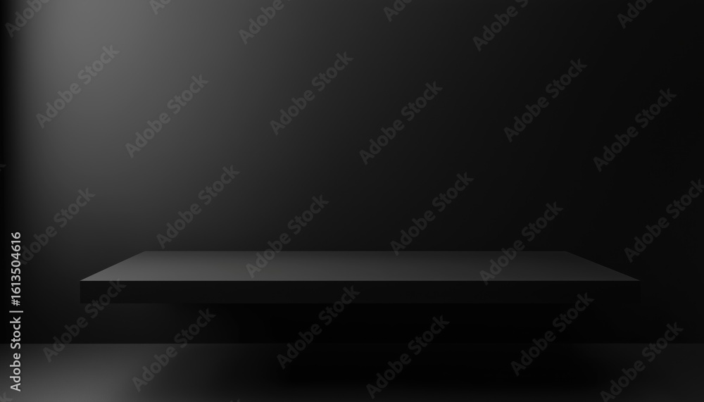 Poster sleek black studio table room for product display with ample copy space to showcase content and adve