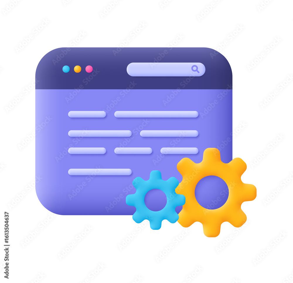 Poster modern website development: clean ui design with colorful gear icons illustrating technical optimiza
