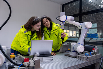 Workers collaborate with a robotic arm in a bright industrial workspace during a technology training session