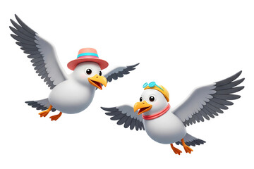 Fototapeta premium 3D cartoon seagulls with summer hats isolated on transparent background, PNG file add