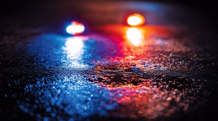 Fototapeta premium Closeup of flashing blue and red lights reflecting on wet pavement at night with cinematic glow.