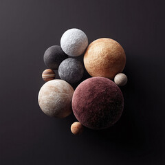 Abstract cluster of textured spheres against a dark backdrop. Modern, earthy tones. Conceptual for science, art, or design. Perfect for backgrounds or presentations.