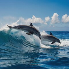 Fototapeta premium Two dolphins jumping out of the ocean wave under a blue sky with white clouds on a sunny day