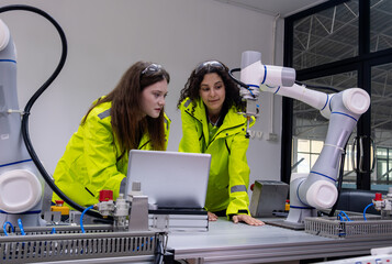 Two women collaborate with robotic technology in a modern workspace during a training session on automation applications