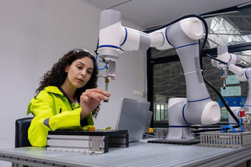 Woman uses robotic arm for precision tasks in modern laboratory setting during daytime