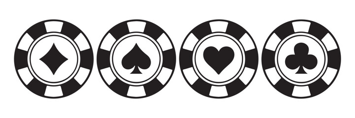 Poker chips color icons vector set. Playing poker concept. Isolated Casino poker chip logo. Poker symbols.