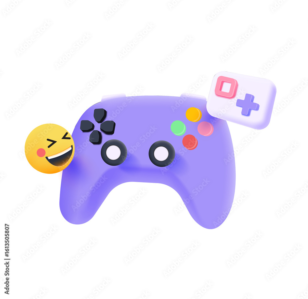 Poster playful purple 3d game controller with happy emoji and plus button icon