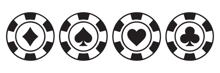 Poker chips color icons vector set. Playing poker concept. Isolated Casino poker chip logo. Poker symbols.