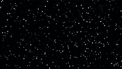 abstract pattern of randomly scattered white dots on a black background at night simulating snowfall or starry sky in digital concept