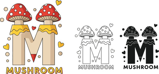 Mushroom letter m illustration for kids coloring book page and educational material use