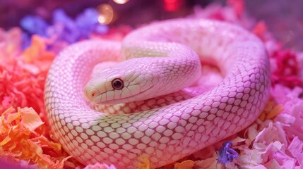 Fototapeta premium A close-up of a coiled white snake resting on vibrant, colorful petals with soft lighting creating a serene atmosphere.