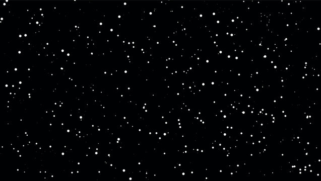 abstract pattern of randomly scattered white dots on a black background at night simulating snowfall or starry sky in digital concept
