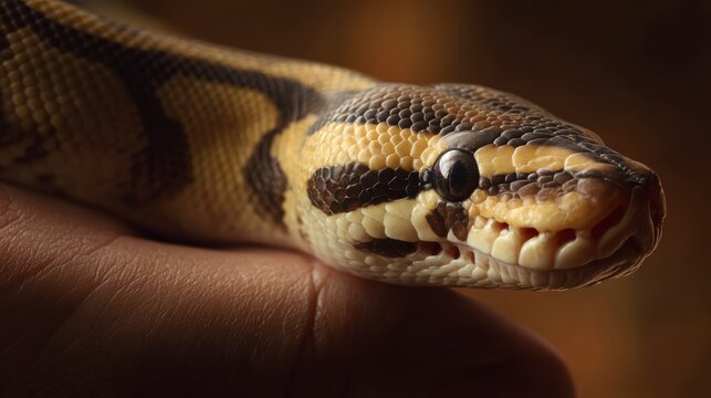 Close-up of a ball python"s head resting on a hand, showcasing its detailed scales and distinctive pattern.