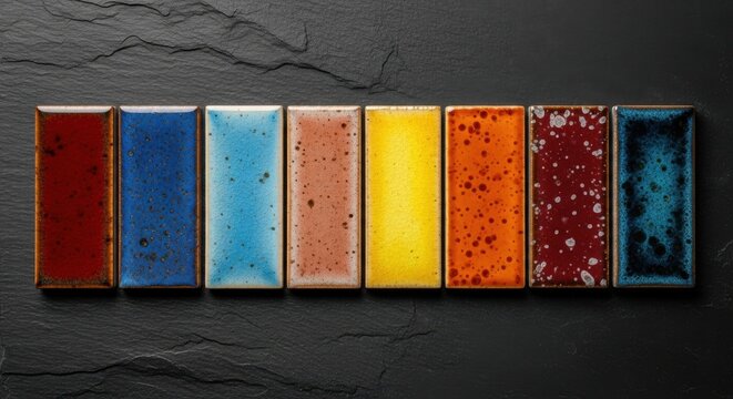 A Row of Ceramic Tiles in Assorted Colors and Textures