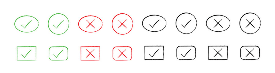 Check mark and cross X symbols green, red and black colors, circle, oval, square and rectangle outlines.