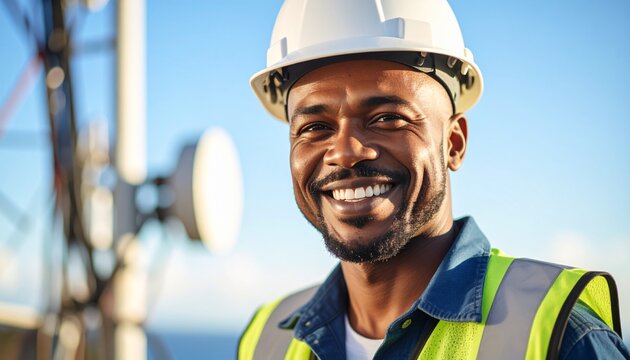 A Telecommunications Engineer Scaling a Cell Tower, Surrounded by Technical Gear and Signal Equipment, Set Against a Dramatic Sky with Cinematic Lighting and High Contrast; cellular technology signal