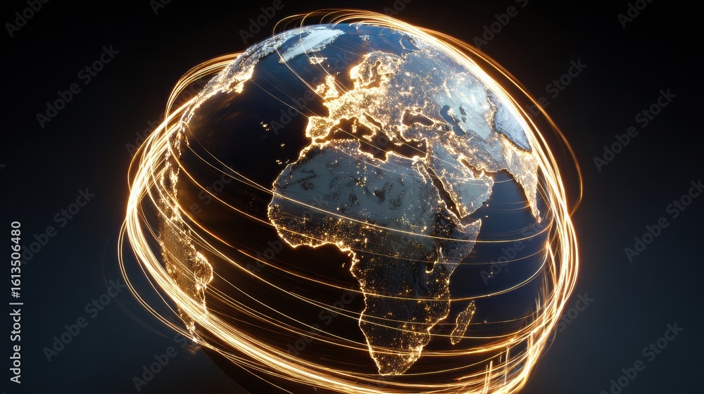 Aufkleber interactive globe showcasing geography with illuminated trails connecting continents against a minim