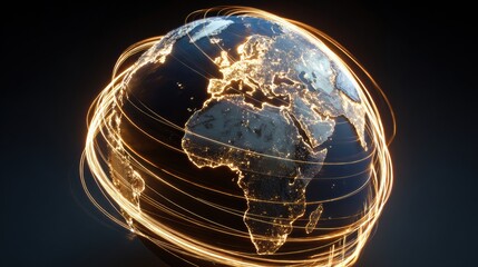 Interactive Globe Showcasing Geography With Illuminated Trails Connecting Continents Against a Minimal Top Layout