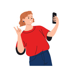 A girl takes a selfie on a mobile phone. A girl takes a picture of herself on a selfie camera of a mobile phone. Modern vector illustration