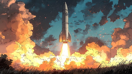 Dramatic comicstyle illustration of a rocket launching into a vibrant sunset sky, engulfed in fiery exhaust. Perfect for science fiction, space exploration, or technology themes.