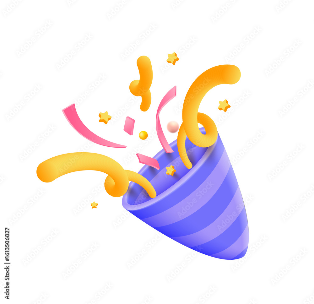 Poster joyful 3d rendered party popper exploding with colorful confetti and stars